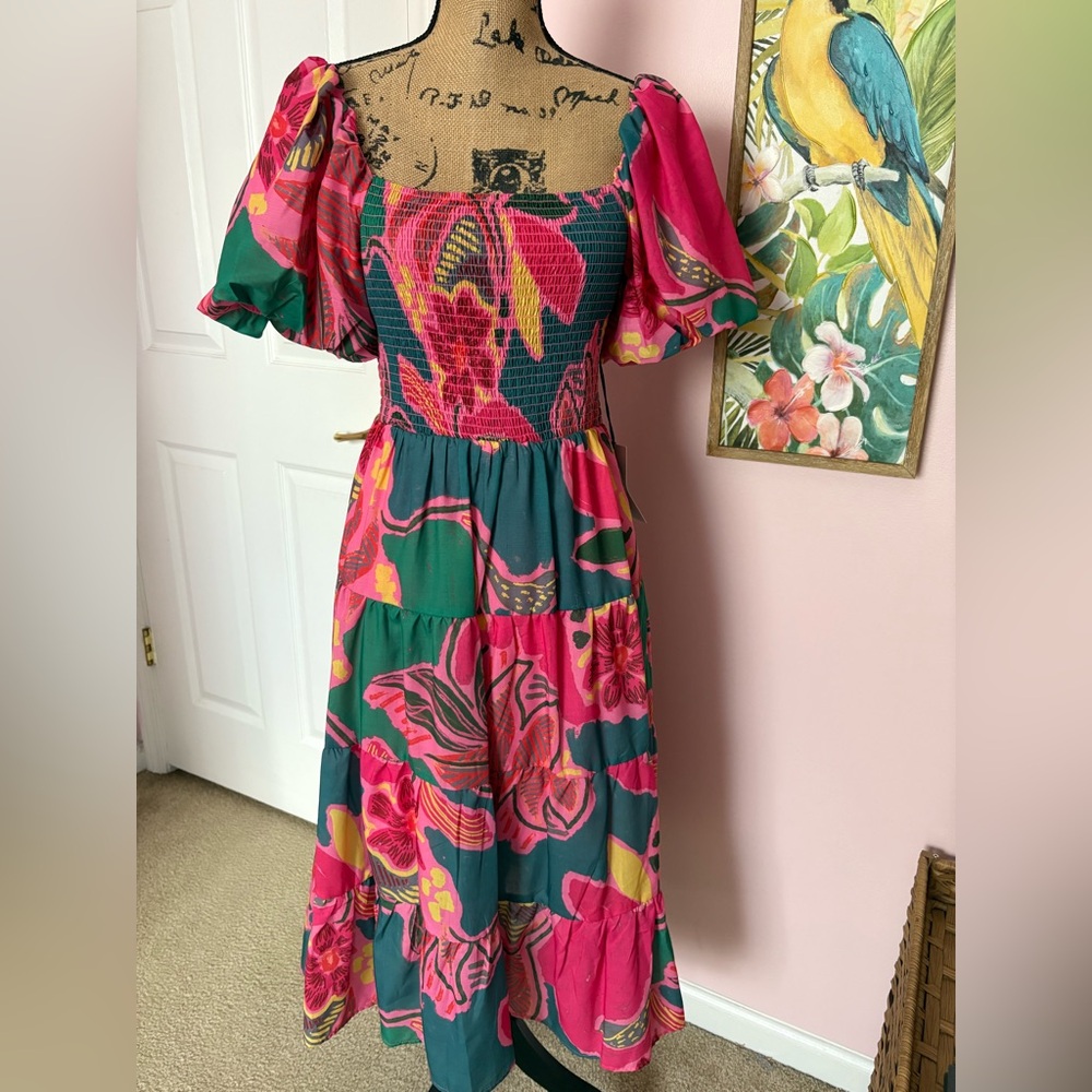 Crystal Doll Pink & Green Floral Midi Dress